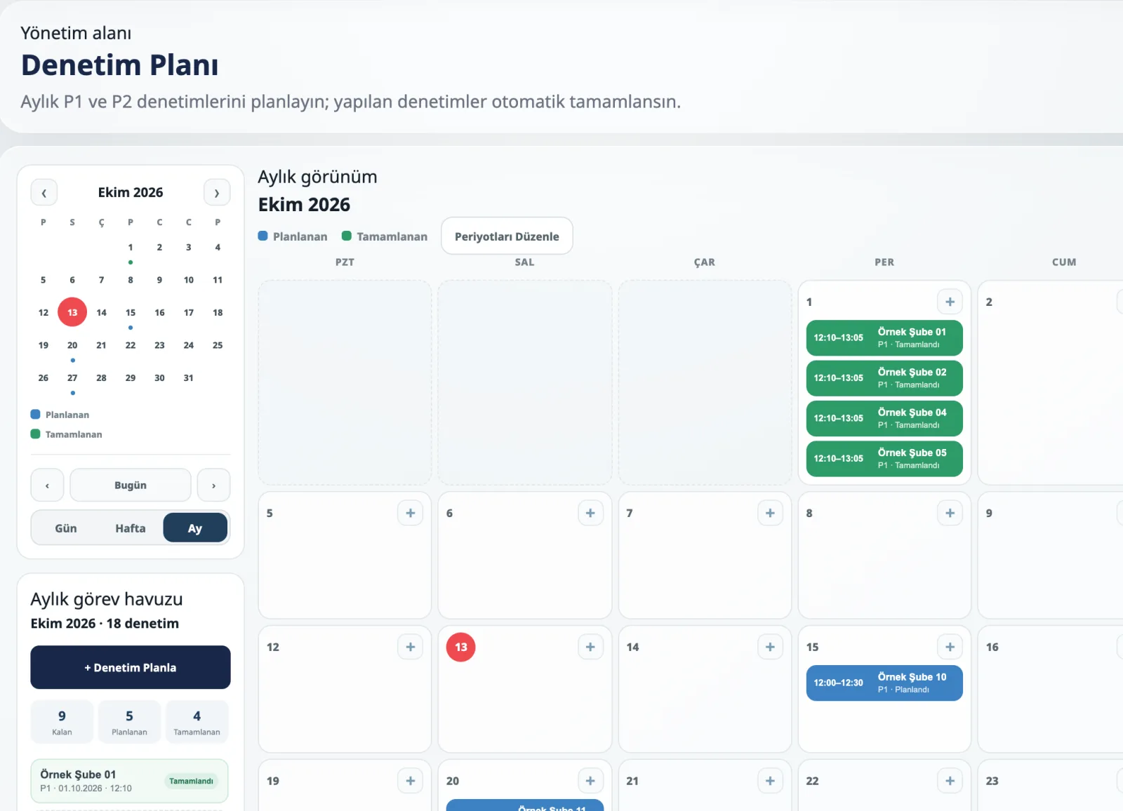 Monthly audit planning calendar with planned and completed audits