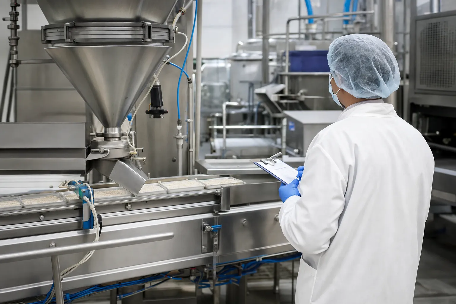 Food safety professional inspecting a manufacturing line